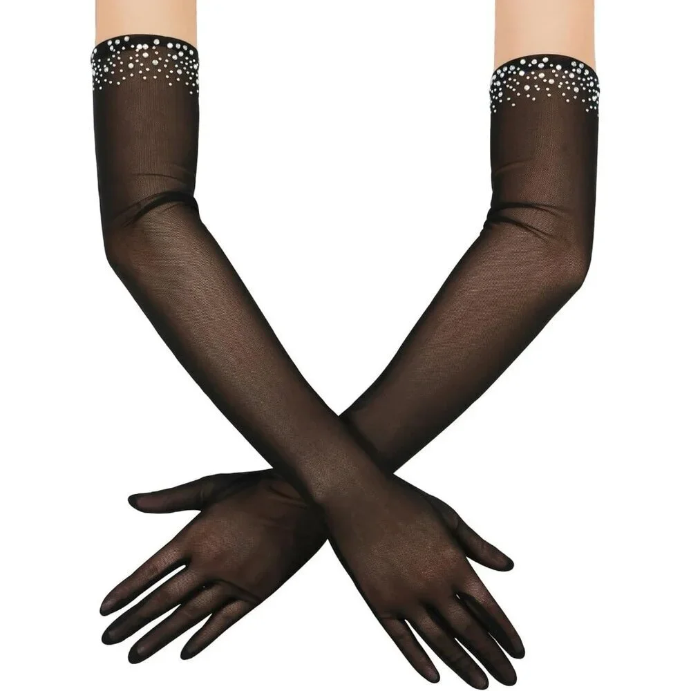 Women's Sexy Pearl Beaded Black Long Gloves Tulle Mesh Wedding Party Dance Prom